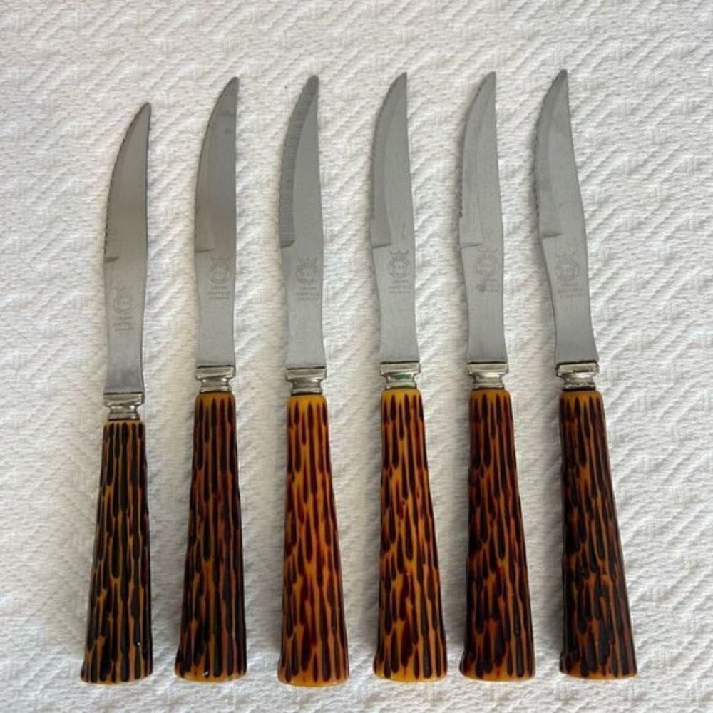 6 Vtg Steak Knives Crown Sheffield England Stag Type Handles Stainless Serrated
